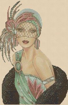 Flapper girl Art Deco Cards, Stitch Picture, Glass Paintings, Art Deco Lady, Art Deco Posters, Cross Stitch Charts, Cross Stitch Chart, Art Deco Design, Art Sculpture