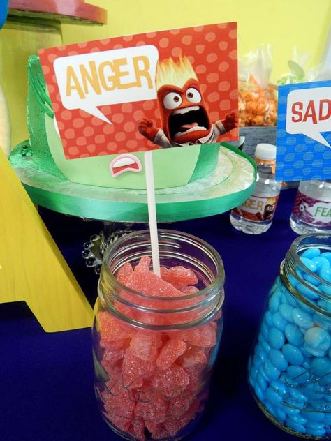 Inside Out Movie Party | CatchMyParty.com Disney Movie Party Ideas, Inside Out Movie Night Ideas, Disney Pixar Birthday Party Ideas, Inside Out Snacks, Disney Pixar Party, Inside Out Themed Party, Inside Out Party Food, Pixar Party Decorations, Inside Out Party Favors