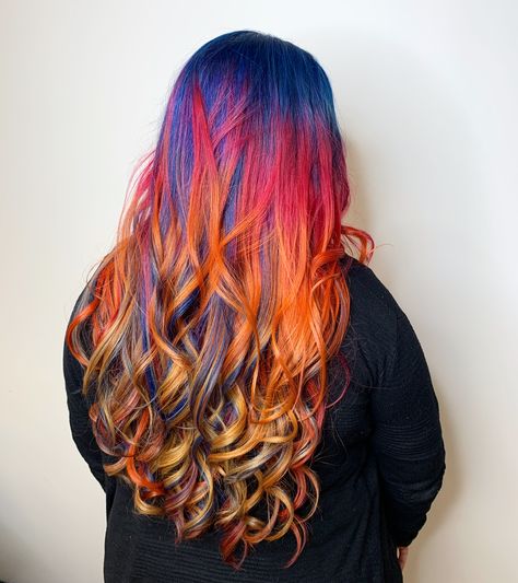 #pulpriothair #vividhaircolor #vivids #bluehair #redhair #orangehair #yellowhair #longhair #longhaircolor #flames #flamehair #fire #firehair #haironfire #haircolor #pravana @savvy_hairstylist Blue Phoenix Hair, Luxe Hair Salon, Flame Hair, Phoenix Hair, Dnd Oc, Fire Hair, Vivid Hair Color, Pulp Riot Hair, Coloured Hair