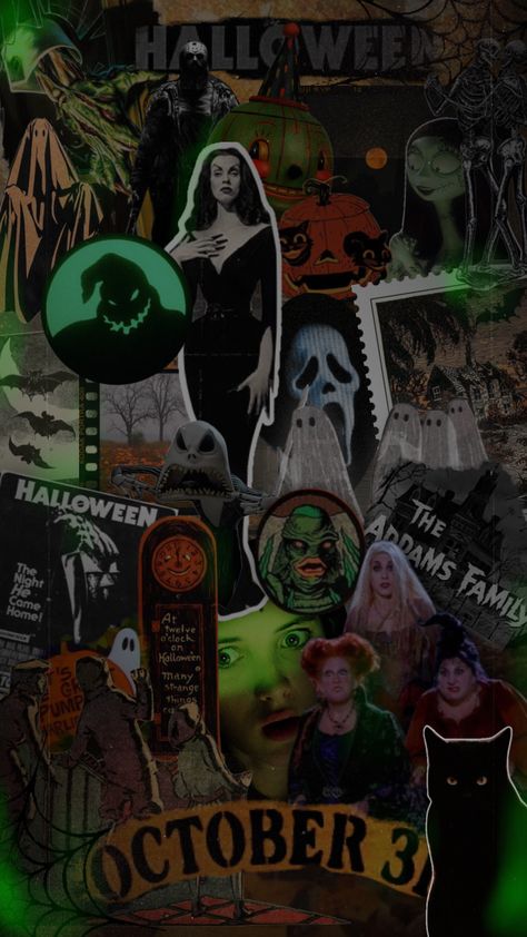 Halloween Moodboard Aesthetic, Halloween Collage Aesthetic, Green Halloween Wallpaper, Green Halloween Aesthetic, Halloween Mood Board, Halloween Collage Wallpaper, Spooky Collage, Vintage Halloween Aesthetic Wallpaper, Horror Collage