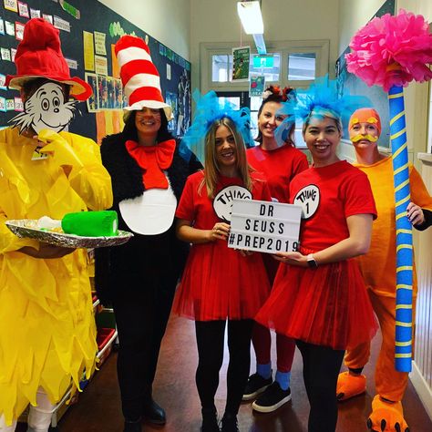 Dr Sues Costumes Diy, Dr Suess Family Costumes, Dr Suess Halloween Costumes, Dr Suess Costumes For Adults, Thing 1 Costume, Zeus Costume, Celebration Activities, Fox In Socks, Teacher Halloween Costumes