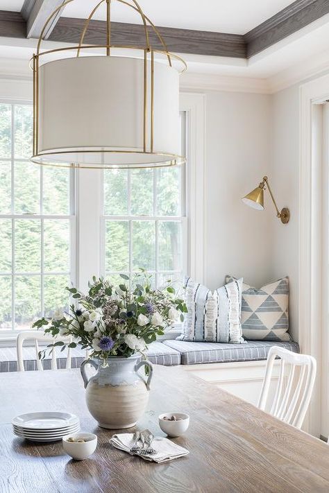 Dining Room Built In Window Seat with Brass Swing Arm Sconces - Transitional - Dining Room Living Room Colours, Dining Room Built In, Built In Window Seat, Room Colours, Transitional Dining Room, Transitional Dining, Window Seats, Trestle Dining Tables, White Dining Chairs