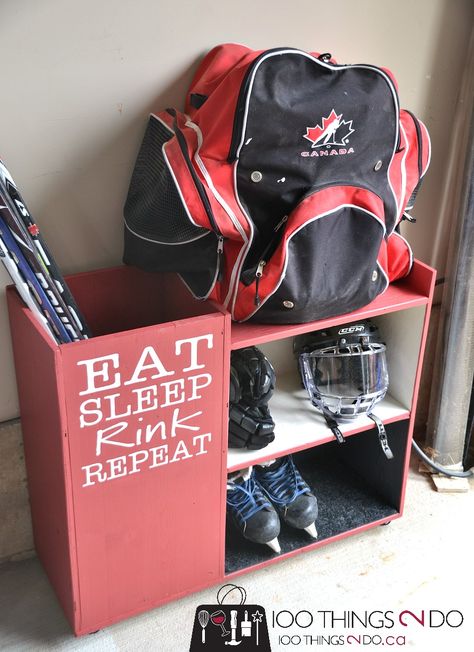 Hockey Storage, Hockey Diy, Hockey Crafts, Hockey Bedroom, Sports Storage, Hockey Room, Hockey Decor, Hockey Gear, Equipment Storage