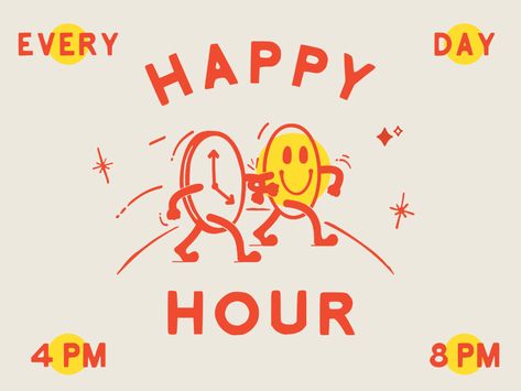 Happy Hour Design Graphics, Happy Hour Graphic Design, Happy Hour Themes, Happy Hour Poster Design, Happy Hour Poster, Retro Mascot, Happy Hour Bar, Happy Hour Menu, Retro Graphic Design