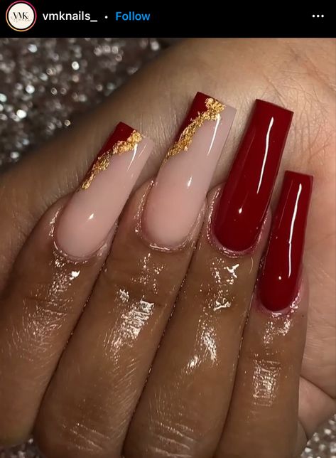 Nails Inspiration Red And Gold, Burgundy Matte Nails Design, Gold And Red Nails Acrylic, Red Nails With Gold Flakes, Wine Red Acrylic Nails Coffin Long, Burgundy With Gold Nails Acrylic, Red And Gold Nails Acrylic, Red And Gold Nails Acrylic Coffin Prom, Fall Nails Burgundy