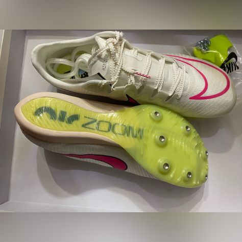 Nike Air Zoom Maxfly Track & Field Sprinting Spikes Sizes: 9 Men / 10.5 Women Color: Sail/Light Lemon Twist/Guava Ice/Fierce Pink Code: Dh5359-100 Nike Spikes, Sprint Shoes, Track And Field Shoes, Track Shoes, Air Zoom, Nike Air Zoom, Track And Field, White Nikes, Track