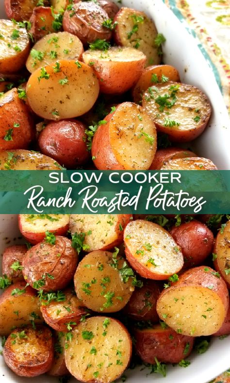 Slow Cooker Ranch Roasted Potatoes | A super easy recipe for red potatoes (new potatoes) roasted in the crock pot using dry ranch dressing seasoning mix and olive oil. New Potatoes In Crock Pot, Crock Pot New Potatoes Recipes, Crock Pot Easter Sides, Easy Easter Sides Dishes Crock Pot, New Potatoes Crockpot, Slow Cooker New Potatoes, Crockpot Salt Potatoes, Crockpot Small Potatoes, Crockpot Diced Potatoes