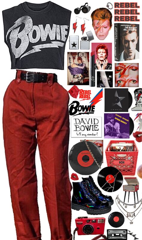 Discover outfit ideas for everyday made with the shoplook outfit maker. How to wear ideas for Red Glossy Lips and lips Bowie Outfits Ideas, David Bowie Aesthetic Clothes, David Bowie Outfits Inspiration, David Bowie Outfits, Red Glossy Lips, Metal Outfits, Genderfluid Outfits, 80s Aesthetic Outfits, Bowie Shirt