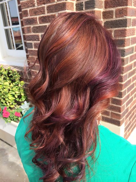 Copper and purples love it!!!! Copper Hair With Purple Peekaboos, Ginger Hair With Purple Highlights, Copper And Purple Hair, Purple And Orange Hair, Light Copper Hair, Purple Brown Hair, Copper Hair Dark, Bang Hair, Purple Hair Highlights