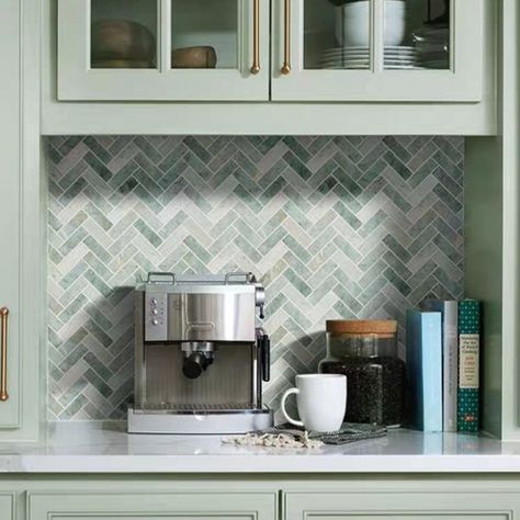 Green Herringbone Tile, Kitchen Herringbone Backsplash, Green Backsplash Tile, Backsplash For Bathroom, Green Kitchen Backsplash, Marble Mosaic Backsplash, Herringbone Tile Backsplash, Luxury Tiles, Kitchen Mosaic