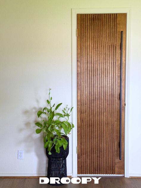 "It's a very nice looking interior door. The Droopy Slatted Door is an art deco, mid century styled door that comes in a small spectrum of colors and will complement many personal home styles. You don't have to be into the MCM thing to appreciate this door. One face of the door has the Slatted design while the other is plain and flat. Only one face of the door has the Slatted design. One side of the door has a slat width that is appropriate for mounting door hinges and accommodating the screws t Midcentury Doors Interior, Interior Doors Mid Century Modern, Midcentury Pantry Door, Interior Door Styles Modern Wood, Modern Home Interior Doors, 1950s Interior Doors, Mcm Interior Door, Organic Modern Interior Doors, Mcm Closet Doors