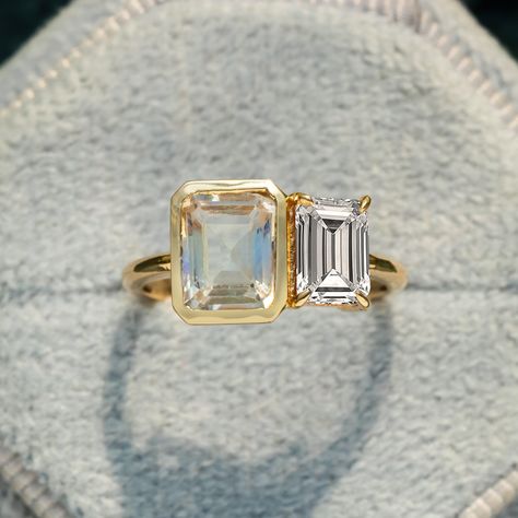 Jewelry Goals, Gold Unique Engagement Ring, Two Stone Ring, Yellow Diamond Rings, Engagement Ring For Her, Emerald Cut Rings, Unique Engagement Ring, Antique Ring, Natural Gemstone Jewelry