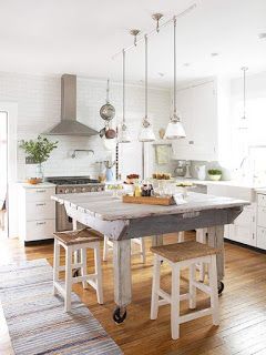 The Country Farm Home: Farmhouse Kitchen Color Trends for 2016 Old Table, Island Table, Farmhouse Kitchen Island, Rustic Farmhouse Kitchen, Island Ideas, Industrial Kitchen, Unique Kitchen, Farmhouse Sink, Beautiful Kitchens