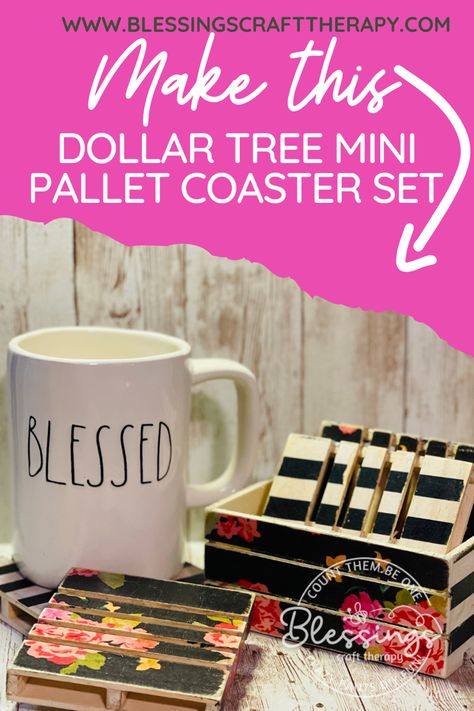 Dollar Tree Pallet Coasters, Dollar Tree Mini Pallet Crafts Diy, Dollar Tree Mini Pallets, Pallet Coasters Diy, Mini Pallet Ideas, Pallet Crafts Diy, Wood Coasters Diy, Mini Pallet Coasters, Craft Therapy