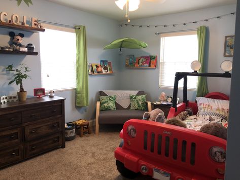 Toddler jungle room with Jeep toddler bed Jeep Bedroom Boy Rooms, Toddler Jungle Room, Explorer Bedroom, Bedroom Jungle, Jeep Bed, Bed Boy, Jungle Explorer, Woodland Kids Room, Bedroom Big