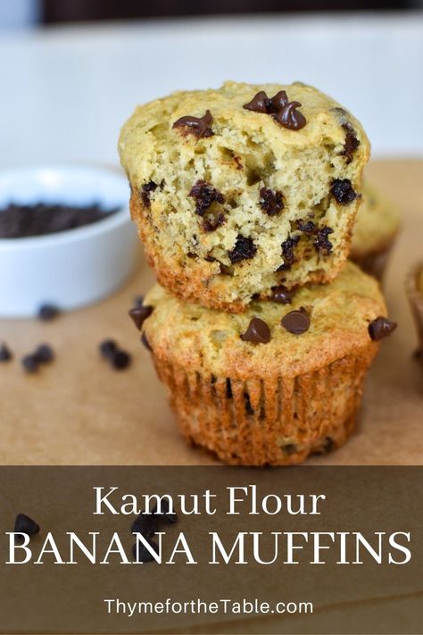 This Kamut Flour Banana Chocolate Chip Muffin recipe creates muffins that are fluffy and healthy. It's the best Kamut breakfast recipe! These kamut muffins are so fluffy and delicious. They are easy to make and a great way to use over-ripe bananas. The Kamut flour makes them healthier than traditional banana muffins. I first learning about Kamut flour from the Food Nanny and I have been in love with using it in so many baked goods! I hope you give it a try too! Food Nanny Recipes, Kamut Flour Cookie Recipes, Kamut Dessert Recipes, Food Nanny Kamut Recipes, Kamut Flour Muffins, Kamut Flakes Recipes, Kamut Recipes, Kamut Muffins, Kamut Flour Recipes