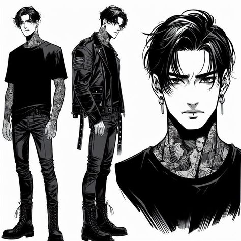 Anime Men With Tattoos, Punk Anime Guy, Anime Guys With Tattoos, Male Character Design References, S Haircut, Man Character, Guy Drawing, Hair Reference, Character Design Male