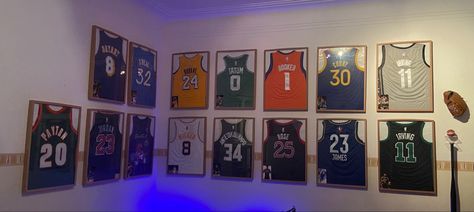 Jersey On The Wall, Basketball Jersey Display, Framed Jerseys On Wall, Basketball Room, Jersey Collection, Framed Jersey, Nba Jerseys, Gym Ideas, Nba Jersey