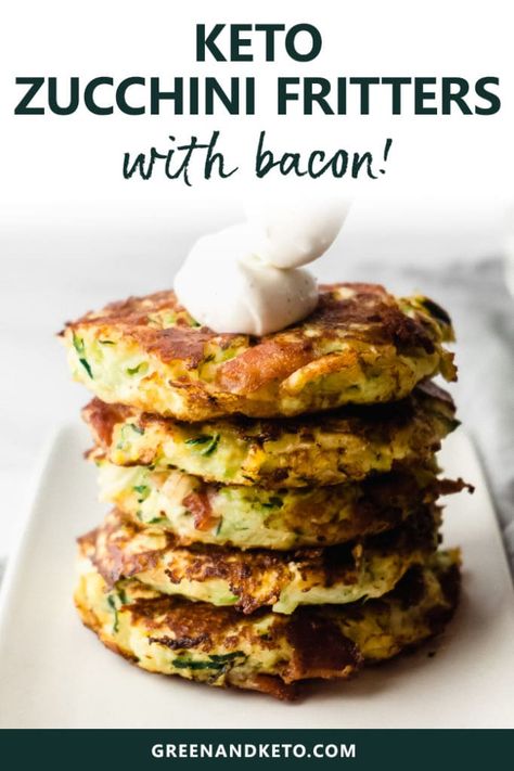 Savory keto zucchini fritters are easy to make and packed with veggies and bacon. They're a delicious low-carb side dish or keto appetizer with sour cream or homemade ranch dressing. Keto Zucchini Fritters, Keto Zucchini, Homemade Ranch Dressing, Easy Zucchini, Low Carb Appetizers, Zucchini Fritters, Low Carb Sides, Low Carb Side Dishes, Homemade Ranch