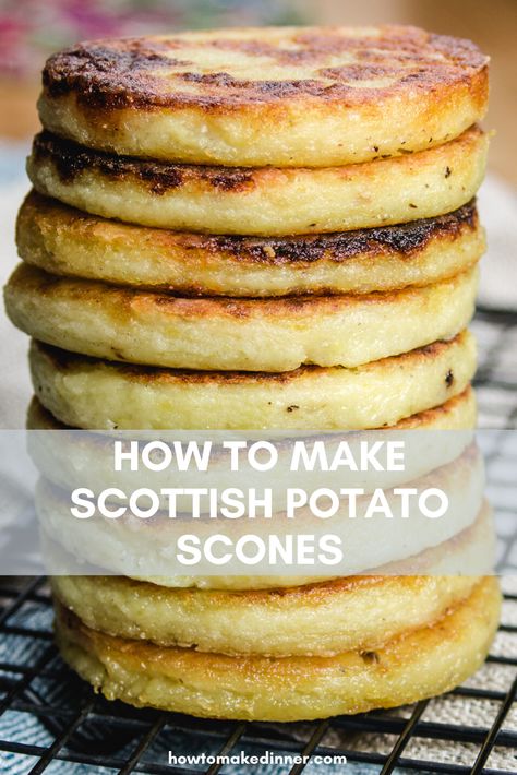 These Scottish tattie scones are also sometimes called a "griddle scone." As far as I know they're always savoury. They're great for breakfast with eggs, or as a side dish for pretty much any dinner. Give this basic traditional tattie scones recipe a try next time you have leftover mashed potatoes to use up! #tattiescones #potatoscones #scottishpotatoscones Potato Scones, Tattie Scones, Scottish Breakfast, Scottish Dishes, Irish Cuisine, Scottish Recipes, Leftover Mashed Potatoes, Mashed Potato, British Food