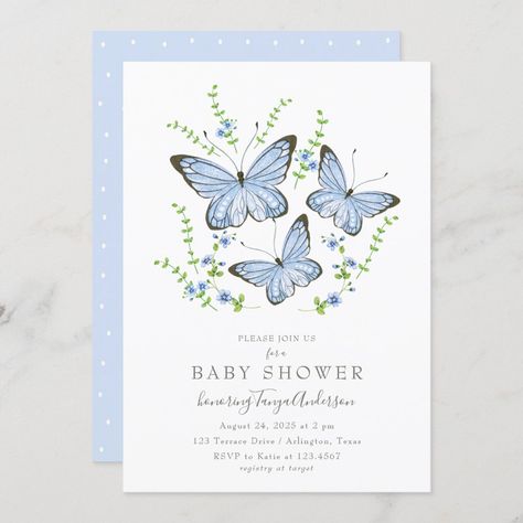 Blue Butterfly Invitations, Quince Planning, Butterflies Blue, Baby Shower Games Unique, Butterfly Baby Shower Invitations, Baby Shower Registry, Rustic Baby Shower Invitations, Gender Neutral Baby Shower Invitations, Watercolor Baby Shower