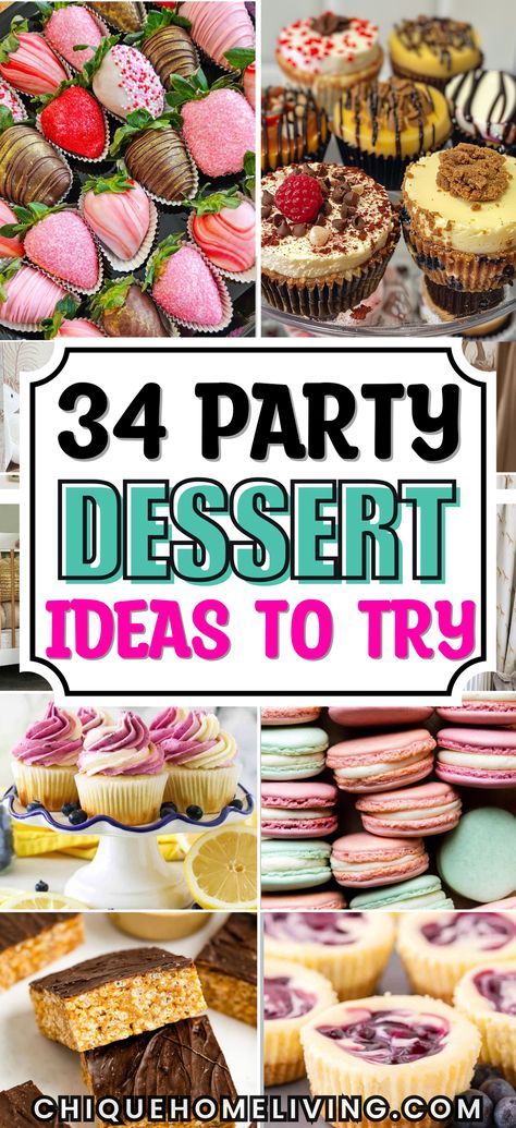 Looking to impress your guests with irresistible sweet treats? Check out these 34 mouth-watering party dessert ideas that are perfect for any celebration! From decadent chocolate brownies and mini cheesecakes to fruity tarts and creamy mousse cups, this list has something for everyone. Whether you’re hosting a birthday bash, holiday gathering, or a casual get-together, these easy-to-make desserts are sure to be a hit. Small Birthday Dessert Ideas, Finger Deserts Parties, Housewarming Desserts, Girls Night Dessert, Desserts Finger Food, Small Desserts For Parties, Hand Held Desserts, Dessert Recipes For Parties, Desserts For Party