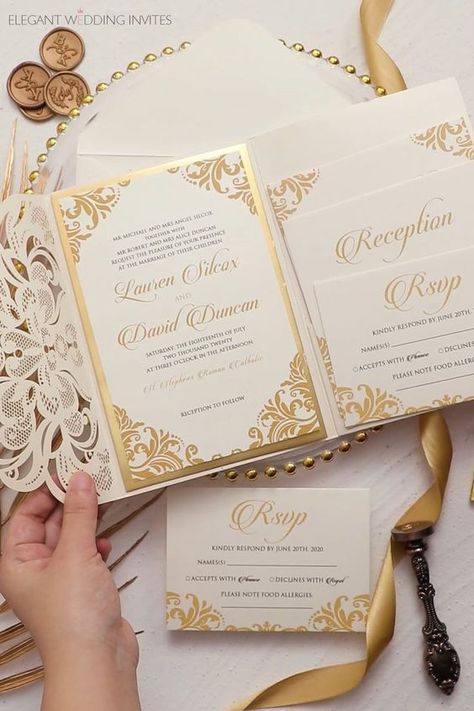 Ivory & Gold Laser Cut Wedding Invitations#Elegant #DIYWeddingInv #UniqueInvitations #WeddingInspo
#WeddingIdeas Dream Wedding Invitations, Wedding Invitations Australia, Gold Laser Cut, Wedding Frame Gift, Elegant Wedding Invitation Card, Creative Wedding Invitations, Gold Luxury, Laser Cut Wedding, Laser Cut Wedding Invitations