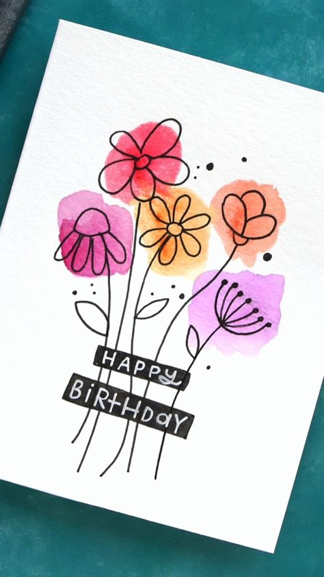 Watercolour Birthday Card Ideas Easy, Diy Watercolor Painting Ideas, Homemade Cards Watercolor, Diy Watercolour Card, Birthday Cards Diy Watercolor, Watercolour Birthday Cards Simple, Girl Birthday Cards Handmade, Diy Painting Canvas Ideas, Watercolor Greeting Cards Diy