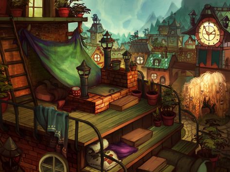 Rooftop by Ewreilyn on deviantART Indoor Illustration, Fantasy Shop, Final Fantasy Ix, Fantasy Rooms, Game Background, Fantasy Places, Rooftops, 2d Art, Environment Design