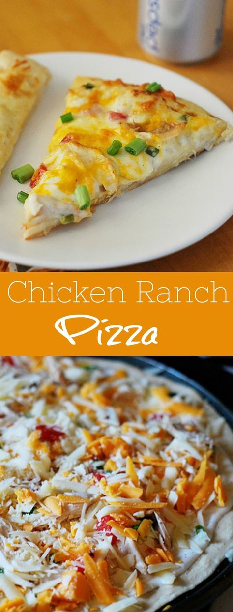 Chicken Ranch Pizza - delicious homemade pizza with ranch dressing, chicken, 3 types of cheeses, fresh tomatoes, and green onions! This one is always a hit! Chicken Ranch Pizza, Ranch Dressing Chicken, Ranch Pizza, Fake Ginger, Chicken Ranch, Ranch Chicken, Chicken Pizza, Yummy Chicken Recipes, Deep Dish