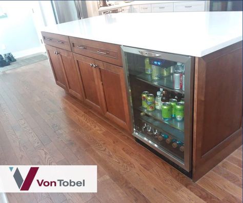 Kemper Echo cabinets in Cognac, wine fridge in island Drink Fridge In Island, Kitchen Island With Mini Fridge, Beverage Fridge In Island, Island With Beverage Fridge, Fridge In Island, Kitchen Addition Ideas, Fridge In Kitchen, Wine And Beer Fridge, Kitchen Island Features