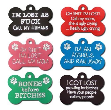 Based in Canada Double Sided Engraving - Select the funny saying you want on the front of your tag and get your contact information engraved on the back at no additional cost (view character limits in the listing picture titled "Tag Sizes & Engraving Limits") Dog Tag Sayings, Funny Dog Tags, Animal Ideas, Custom Dog Tags, Call My Mom, Dog Id Tags, Id Tags, Dog Id, Personalized Tags