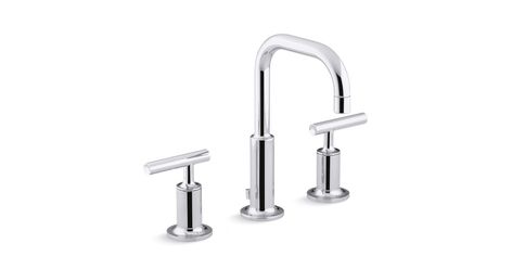 K-14406-4 | Purist Widespread Sink Faucet with Low Lever Handles | KOHLER Guest Bathroom Sinks, Half Bath Remodel, Kohler Purist, Kohler Kitchen, Wine Cellar Design, Cellar Design, Vanity Faucet, Modern Bathrooms, Master Bath Remodel