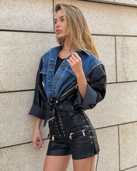 Alena Esipova Alena Esipova, Gothic Party, Denim Clothes, Coat Spring, Spring Women, Models Off Duty, Leather Shorts, Short Coat, Street Style Looks