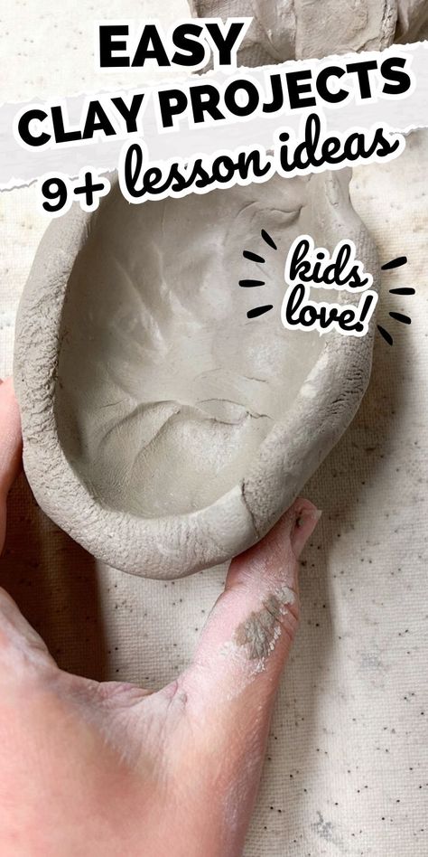 hand holding clay pinch pot with text overlay easy clay project 9+ lesson idea kids love. Pinch Clay Ideas, Ceramic Class Ideas, Elementary Clay Projects, Clay Projects For High School, Clay Pinch Pot Ideas, Simple Ceramic Projects, Pinch Pots Ideas, Easy Clay Projects, Pinch Pot Ideas