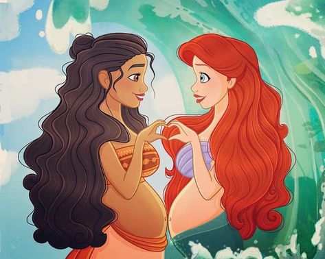 Disney Princesses Pregnant, Pregnant Disney Princess, Princesa Ariel Disney, Disney Maternity, Lindo Disney, Princess Illustration, Pregnant Princess, Disney Illustration, Disney Princess Artwork