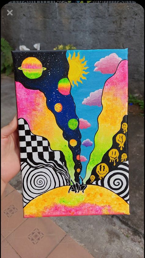 Trippy Simple Drawings, Psychodelisch Art Easy, Simple Trippy Drawings, Trippy Art Ideas Easy, Easy Psychadelic Art Painting, Cool Paintings Trippy Easy, Easy Trippy Canvas Painting, Trippy Painting Ideas Simple, Neon Painting Ideas Easy