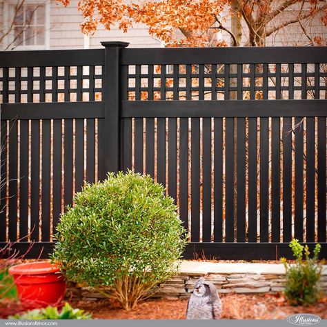 Semi-Privacy 3" or 6" Boards w/ O.E. Lattice | Illusions Fence Semi Privacy Fence, Cheap Privacy Fence, Backyard Fence Decor, Diy Privacy Fence, Vinyl Privacy Fence, Black Fence, Privacy Fence Designs, Cheap Fence, Cheap Backyard