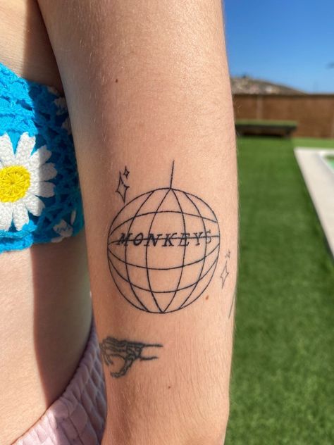 Arctic Monkeys Mirrorball, Mirrorball Tattoo, Monkeys Tattoo, Arctic Monkeys Tattoo, Tattoos 2024, Monkey Tattoos, Artic Monkeys, Mirror Ball, Real Tattoo