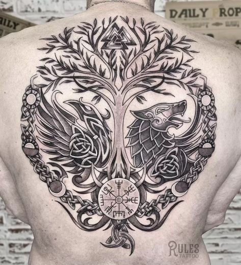 Yggdrasil Tattoo: A Great Tattoo for Those Who are Spiritual Nordic Tree Of Life Tattoo, Nordic Tree Of Life, Yggdrasil Tattoo, Viking Tattoos For Men, Nordic Tree, Fenrir Tattoo, Pagan Tattoo, Tato Suku, Viking Tattoo Sleeve