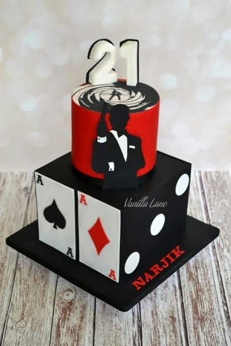 James bond cake James Bond Theme Cake, James Bond Cake Ideas, 21st Birthday Cake Ideas, James Bond Cake, 007 Party, Man Cakes, Poker Cake, Game Cake, Cake Designs For Kids