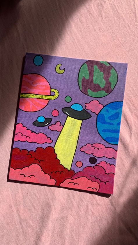 Planet Painting Aesthetic, Spaceship Painting Canvas, Galaxy Art Painting Easy, Spaceship Painting Easy, Painting Ideas Planets, Planet Painting Ideas, Alien Painting Easy, Alien Painting Ideas, Inspirational Paintings Canvases