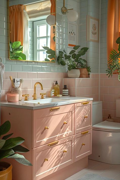 Mid Century Pink Bathroom, Pink And Green Bathroom Ideas, Midcentury Bathroom Design, Bathroom Mid Century Modern, Lesbian House, Modern Kids Bathroom Ideas, Mid Century Modern Bathroom Ideas, Modern Mid Century Bathroom, Modern Kids Bathroom