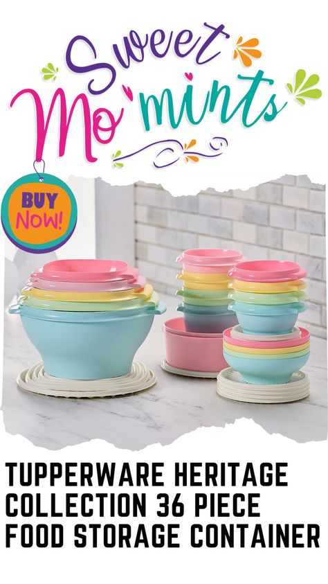 Set of 18 nesting bowls with the classic Tupperware sunburst lid design Lock in freshness and flavor with Tupperware’s iconic quality and style Signature Instant Seal lid avoids spills in refrigerator and on the go Features an airtight lid that seals instantly with one press in the middle of the lid. #TupperwareHeritageCollection #VintageTupperware #FoodStorageSolutions #KitchenOrganization #BPAFree #DishwasherSafe #VintageColors #RetroKitchen #FoodPrep #MealPrep Pyrex Lids Replacement, Cute Tupperware, Vintage Tupperware 1970s, Tupperware Party Ideas, 1960s Tupperware, Tupperware Bowls, Tupperware Party, Lid Organizer, Food Storage Container Set