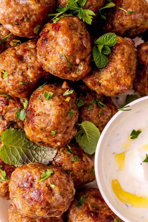 Ground Lamb Meatballs Recipes, Ground Lamb Stuffed Peppers, Lamb Balls Meatball Recipes, Lamb And Beef Meatballs, Ground Lamb Meatballs, Baked Lamb Meatballs, Lamb Meatballs Recipe, Greek Lamb Meatballs, Mezze Board