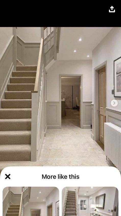 Dado Rail Hallway Panelling, Hallway Ideas With Dado Rail, Taupe Staircase, Panneling Rooms Hallway, Dado Rail Stairs, Living Room Dado Rail, Entrance Hall Flooring Ideas, Hallway Dado Rail, Hall Stairs And Landing Panelling