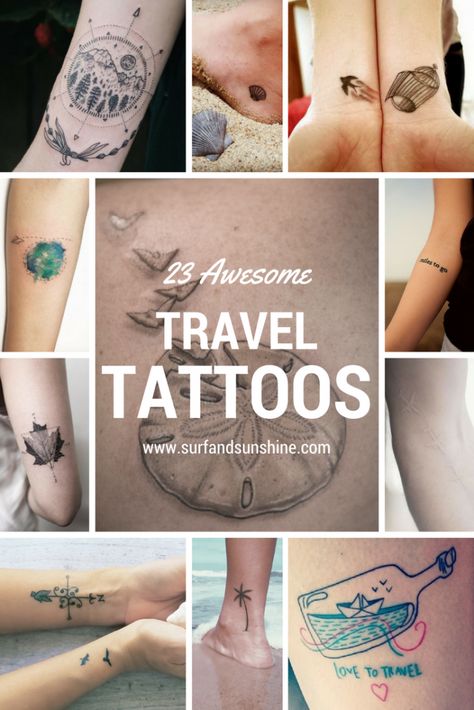 From clean and simple to completely innovative, here are 23 Inspiring #Travel #Tattoo Ideas via @jeanabeena Travel Tattoo Ideas, Travel Tattoo Small, Small Quote Tattoos, Omerta Tattoo, Small Tattoos With Meaning, Back Of Shoulder Tattoo, Theme Tattoo, Tattoos Geometric, Small Quotes