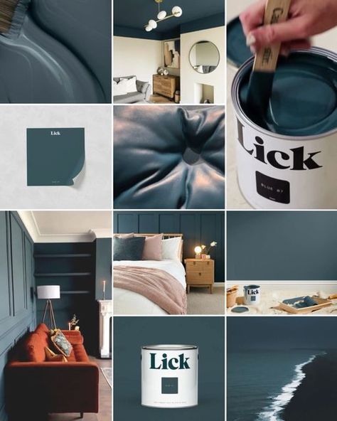 Lick on Instagram: "If you’re into moody blues, explore #Blue07 Cocoon your living room, paint it across bedroom panelling or up-cycle a piece of furniture for a bold statement. Helpful stuff to know: ℹ️ A warm, inky dark blue with green undertones. ☀️ Best used in north, east and west-facing rooms 🎨 Pair with: White 03 (warm), White 04 (cool), Beige 03, Taupe 03 Soho Roc House, Blue 01 or Yellow 02. Homes featured: @mrjohnfisher @natalie.a.smyth #LickPaint" Lick Blue 07 Paint, Warm Blue Paint Colors, Bedroom Panelling, Feature Wall Living Room, Blue Paint Colors, Bedroom Panel, Moody Blues, Living Room Paint, Blue Walls