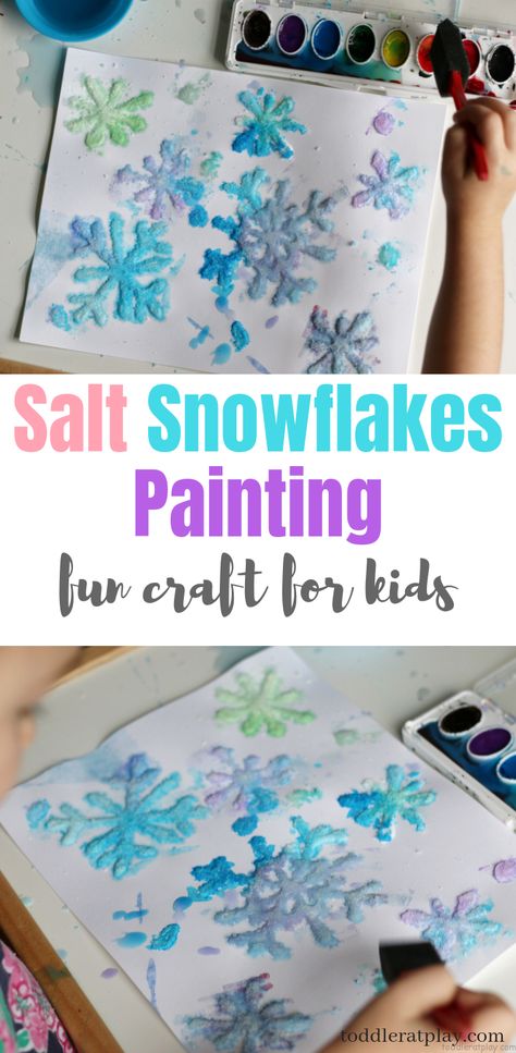 Salt Snowflakes Painting Craft (VIDEO) - Toddler at Play Magic Salt And Watercolor Snowflake, If Snow Came Down In Colors, Salt Snowflakes, Snowflake Painting, Kid Craft Ideas, Snow Crafts, Winter Crafts Preschool, January Crafts, Snowflake Craft