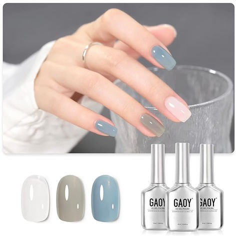 GAOY Gel Nail Polish Kit, 3 Colors Jelly Milky White Blue Gray, Sheer Soak Off UV Gel Polish Set - Cloudy Coast Mani Designs, Snowflake Nail Design, Winter Nail Colors, August Nails, Fun Nail Colors, Korean Nail Art, Nail Polish Kit, Spring Nail Trends, Glitter Gel Polish